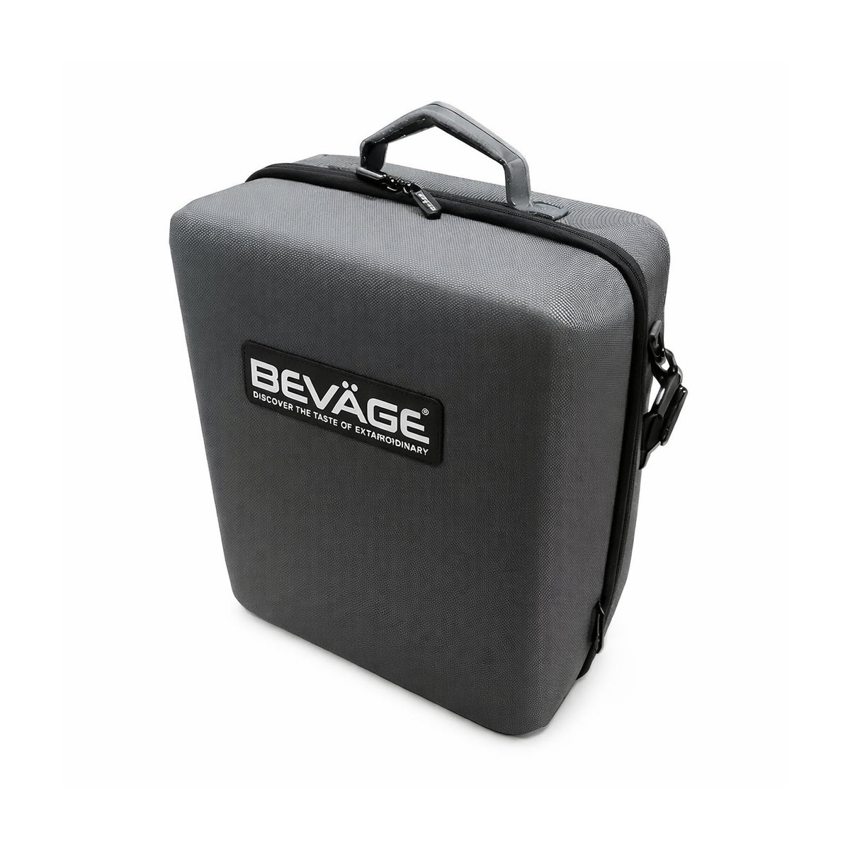 Gray carrying case with 'Beváge' logo on a white background