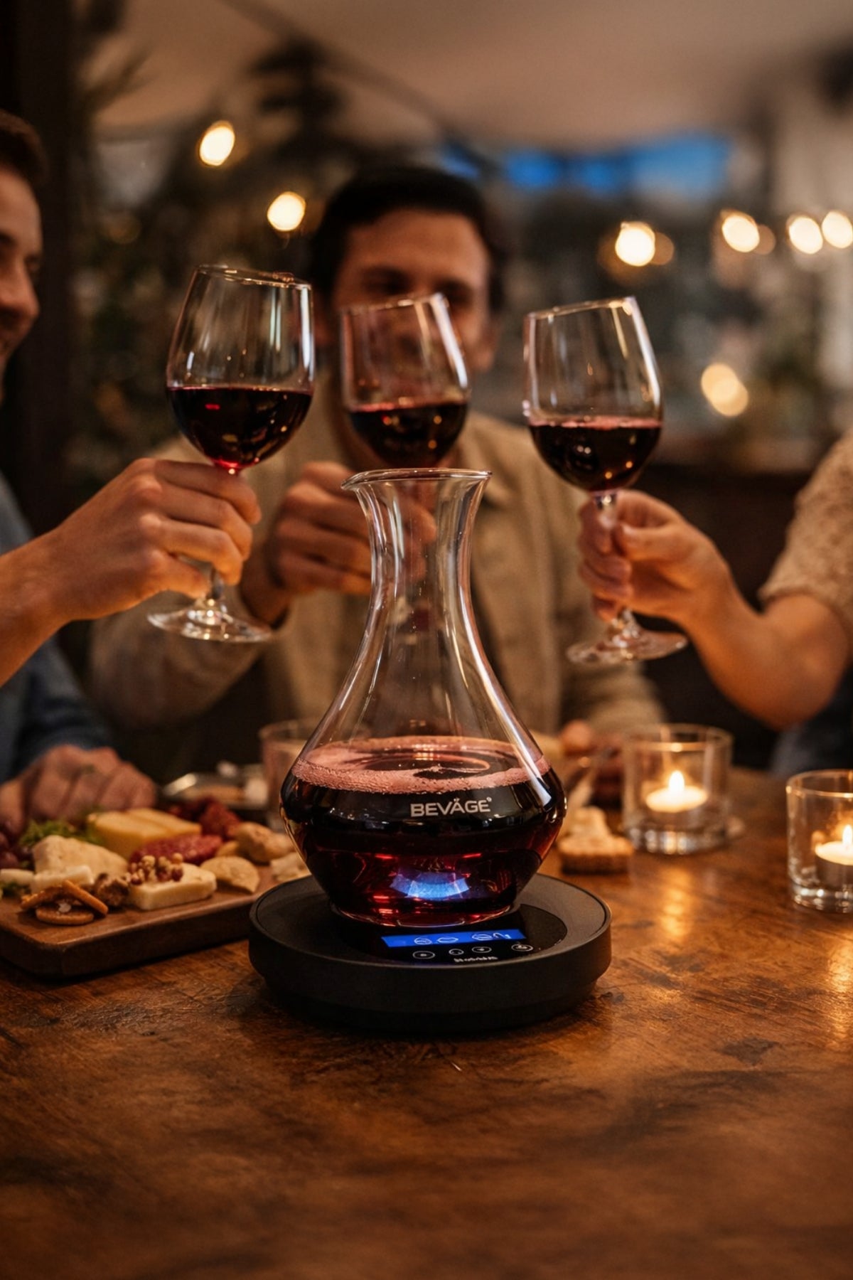 People holding wine glasses with a decanter in the center on a wooden table.